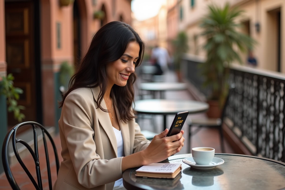 Femme consultant une application de conversion de devises DH en euros dans un café de Marrakech