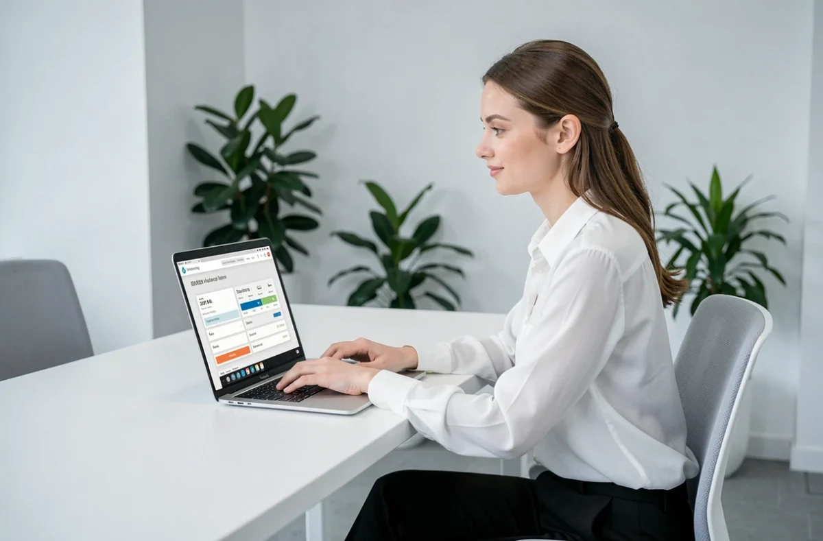 Conseillère Coover comparant des devis d'assurance sur une plateforme numérique dans un bureau épuré
