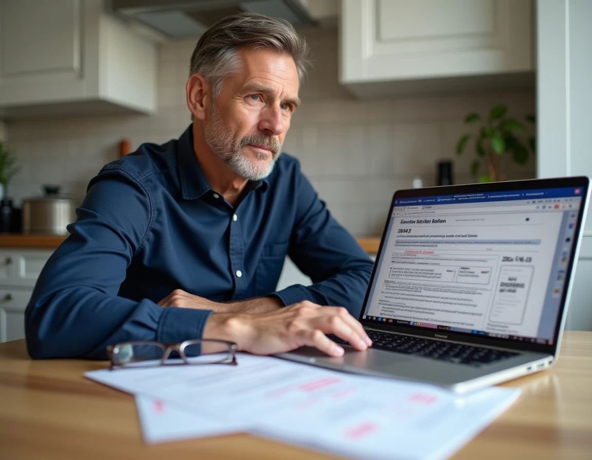 Homme consultant le site impots.gouv.fr pour corriger sa déclaration fiscale 2042