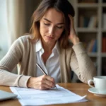 Femme corrigeant sa déclaration d'impôts 2042 à son bureau à domicile