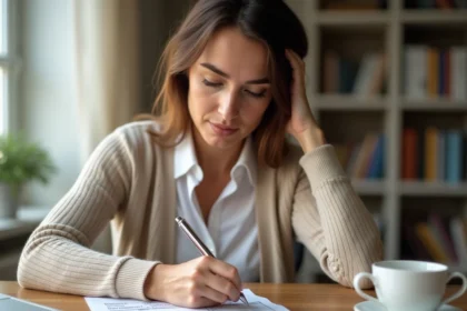 Femme corrigeant sa déclaration d'impôts 2042 à son bureau à domicile