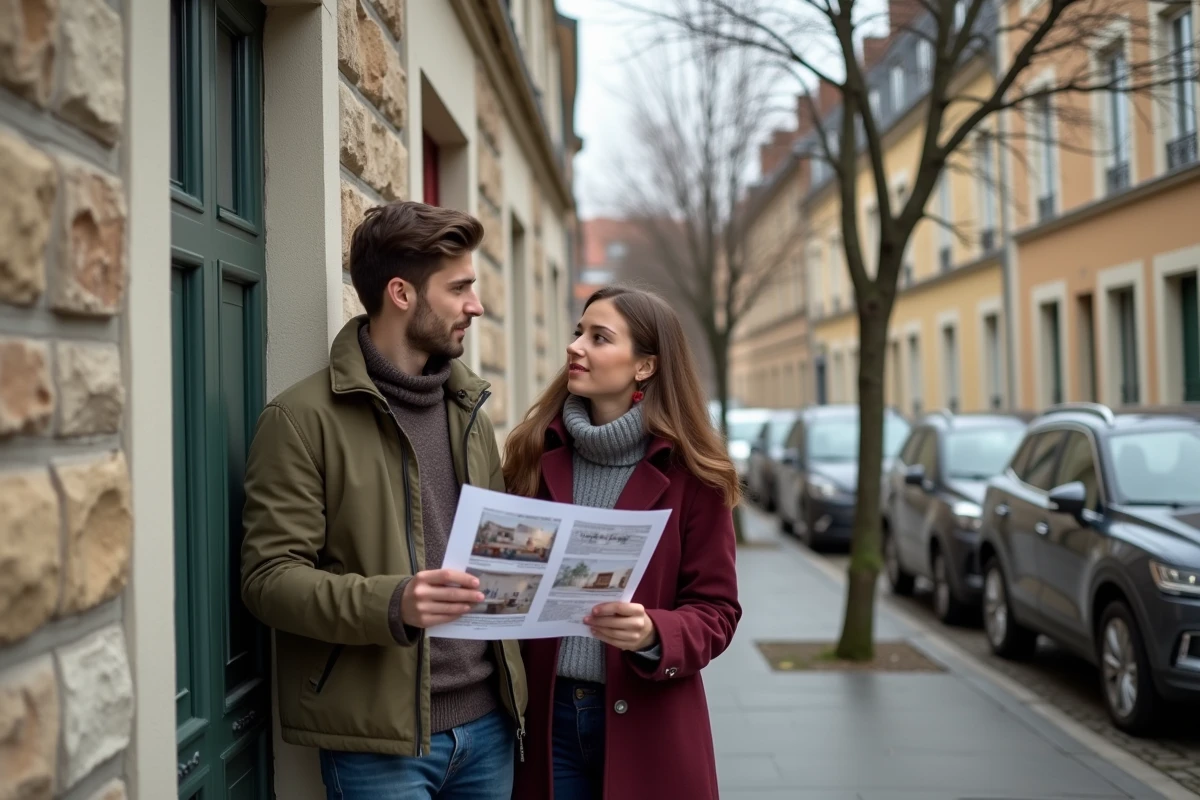 Couple de jeunes adultes devant un immeuble résidentiel français envisageant un achat immobilier avec un salaire modeste