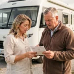 Couple de quinquagénaires examinant les documents d'assurance de leur camping-car garé sur une route de campagne
