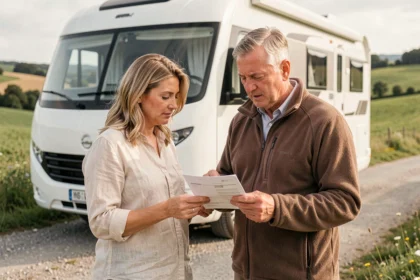 Couple de quinquagénaires examinant les documents d'assurance de leur camping-car garé sur une route de campagne