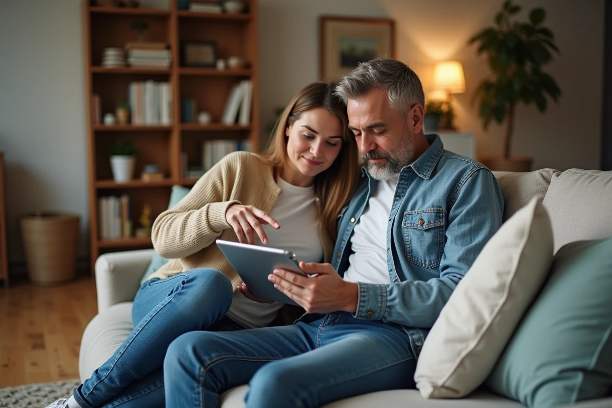 Couple consultant des avis d'assurance sur tablette pour comparer Pacifica, Maaf, Groupama et Axa