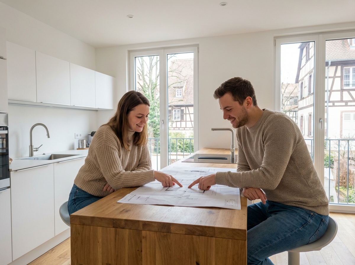 Jeune couple regardant des plans dans un appartement