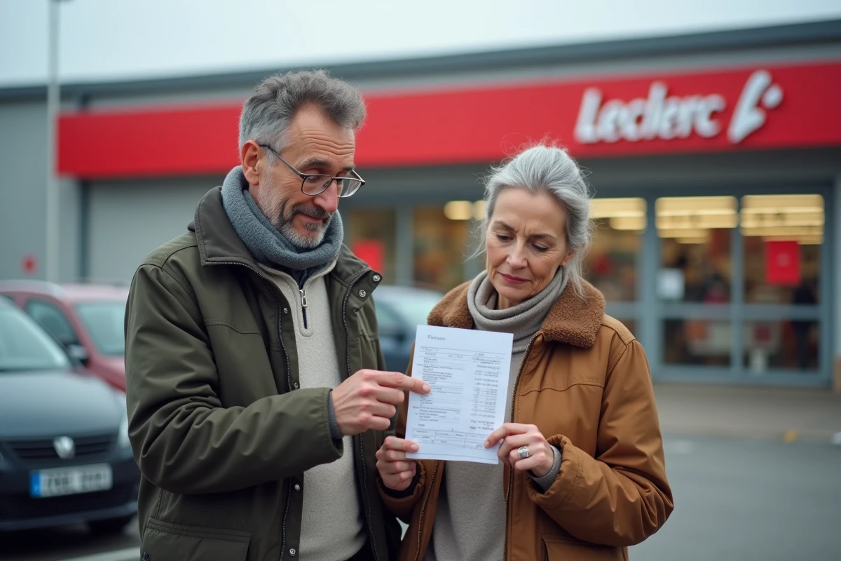 Couple consultant un chèque différé devant l'entrée d'un hypermarché Leclerc pour organiser leur budget familial