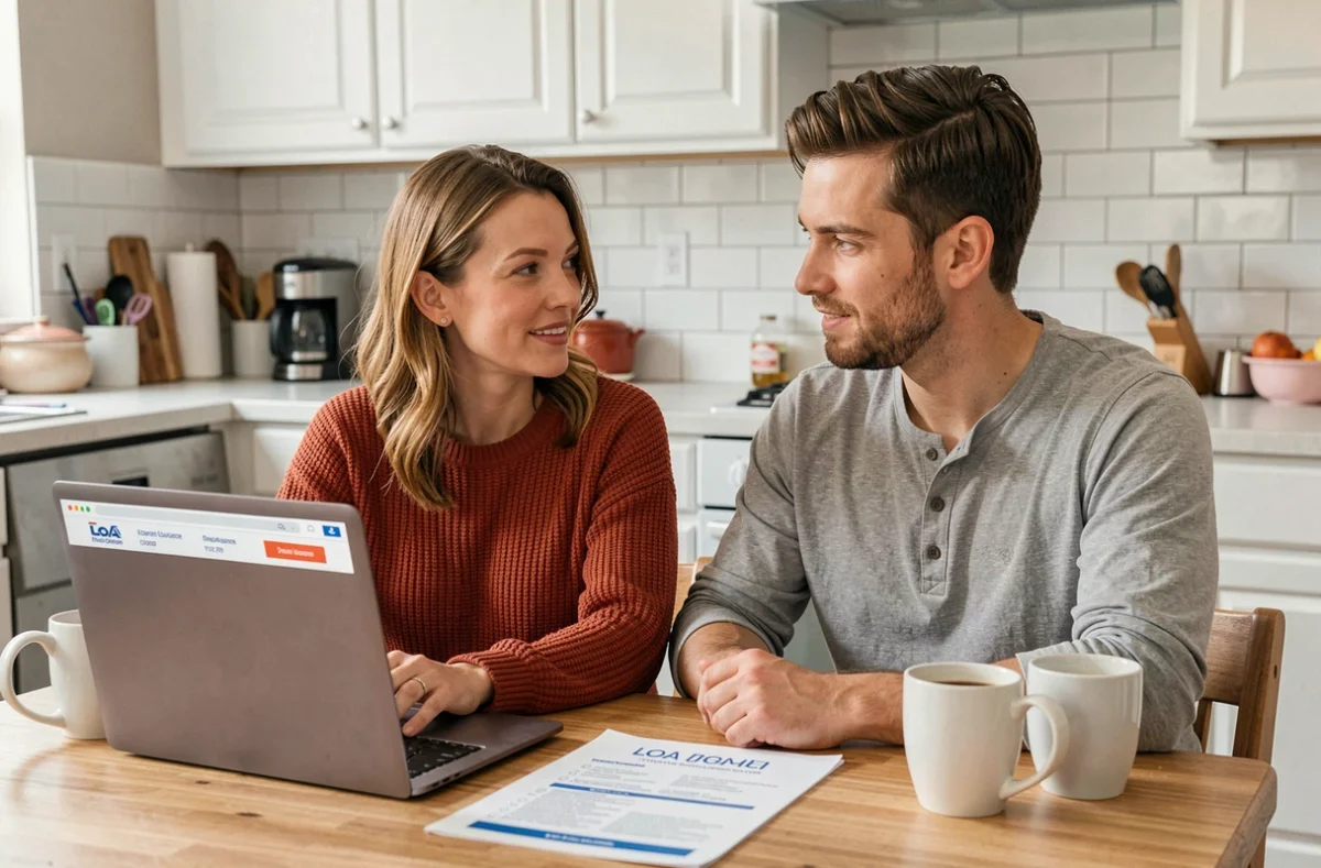 Couple comparant les options d'assurance emprunteur pour une LOA sur un ordinateur portable à la maison, liste imprimée des garanties sur la table