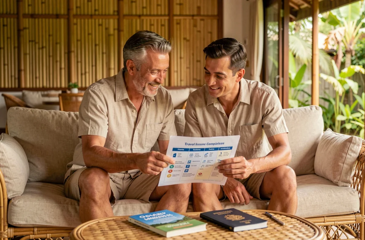 Couple comparant des offres d'assurance voyage dans une villa balinaise