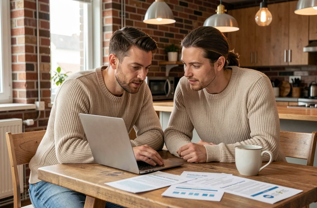 Couple comparant les tarifs et garanties d'une assurance emprunteur MFP sur ordinateur à domicile