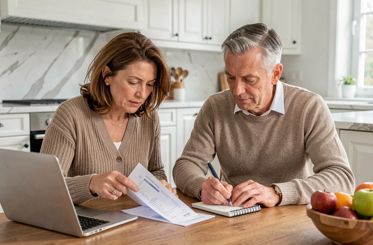 Couple consultant des relevés bancaires et un ordinateur pour retrouver des comptes dormants et assurances vie oubliées