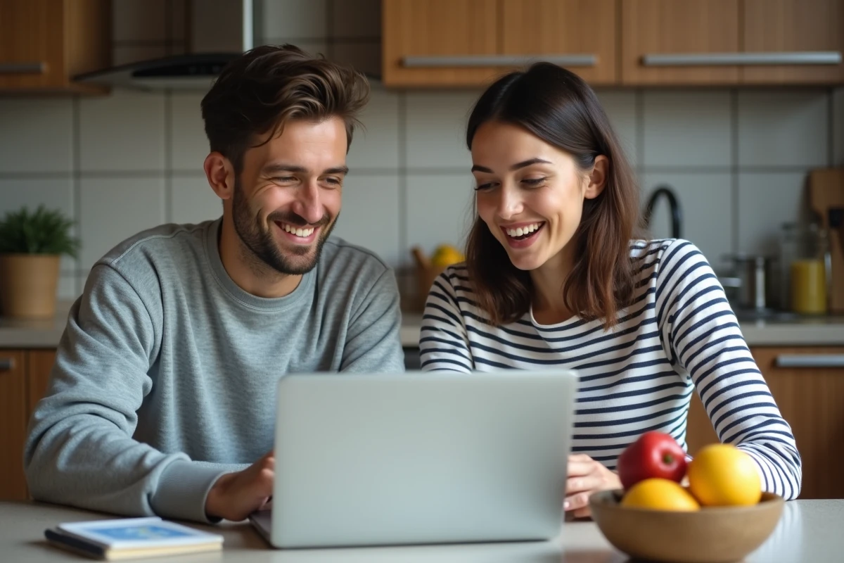 Couple dans une cuisine examinant leur budget sur ordinateur, illustrant la gestion financière avec un salaire de 2800 euros brut net en 2026