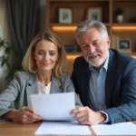 Couple d'adultes discutant assurance vie à la maison