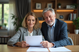 Couple d'adultes discutant assurance vie à la maison