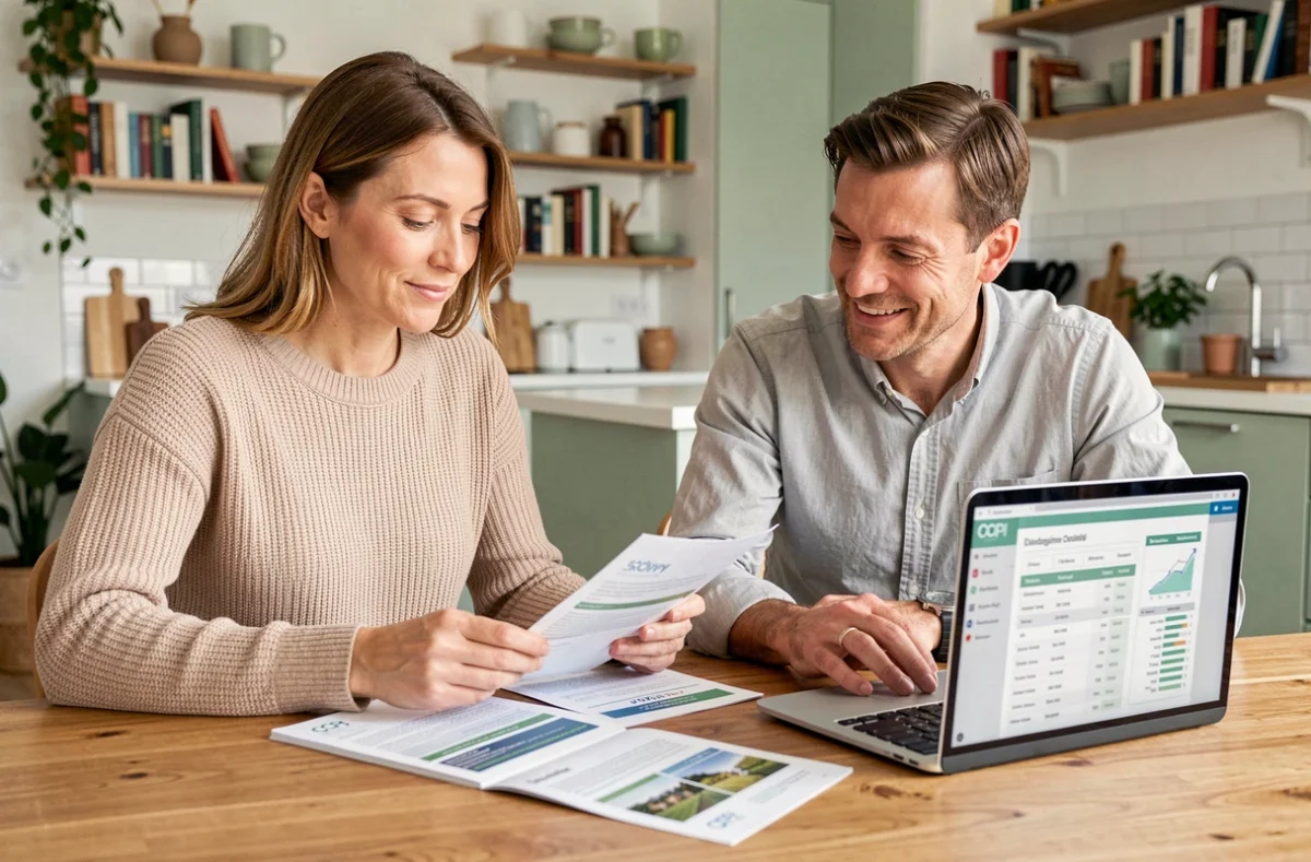 Couple étudiant des brochures de SCPI de rendement autour d'une table dans un appartement moderne