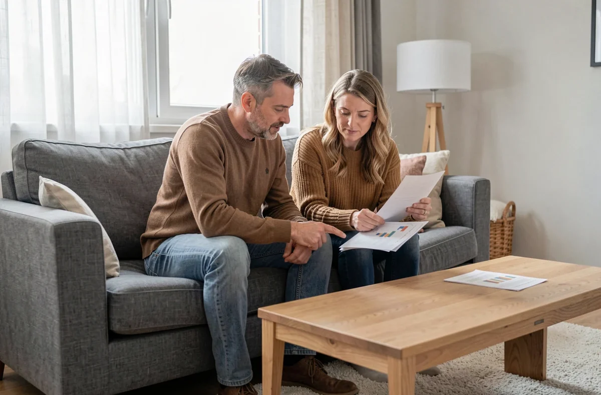 Couple examinant ensemble leurs documents financiers sur un canapé pour optimiser le rendement de leur livret LEL