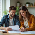 Jeune couple regardant des documents financiers à la maison