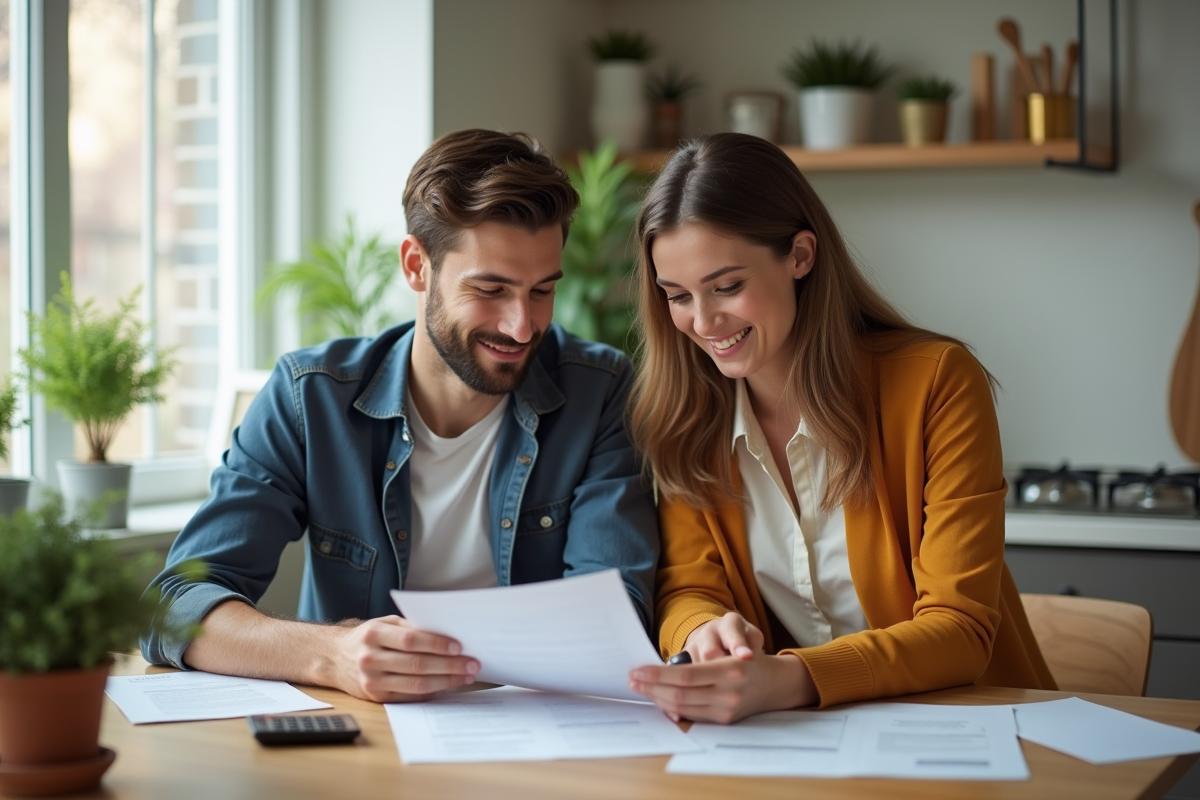 Jeune couple regardant des documents financiers à la maison