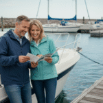 Couple souriant près d'un voilier au port