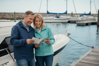 Couple souriant près d'un voilier au port