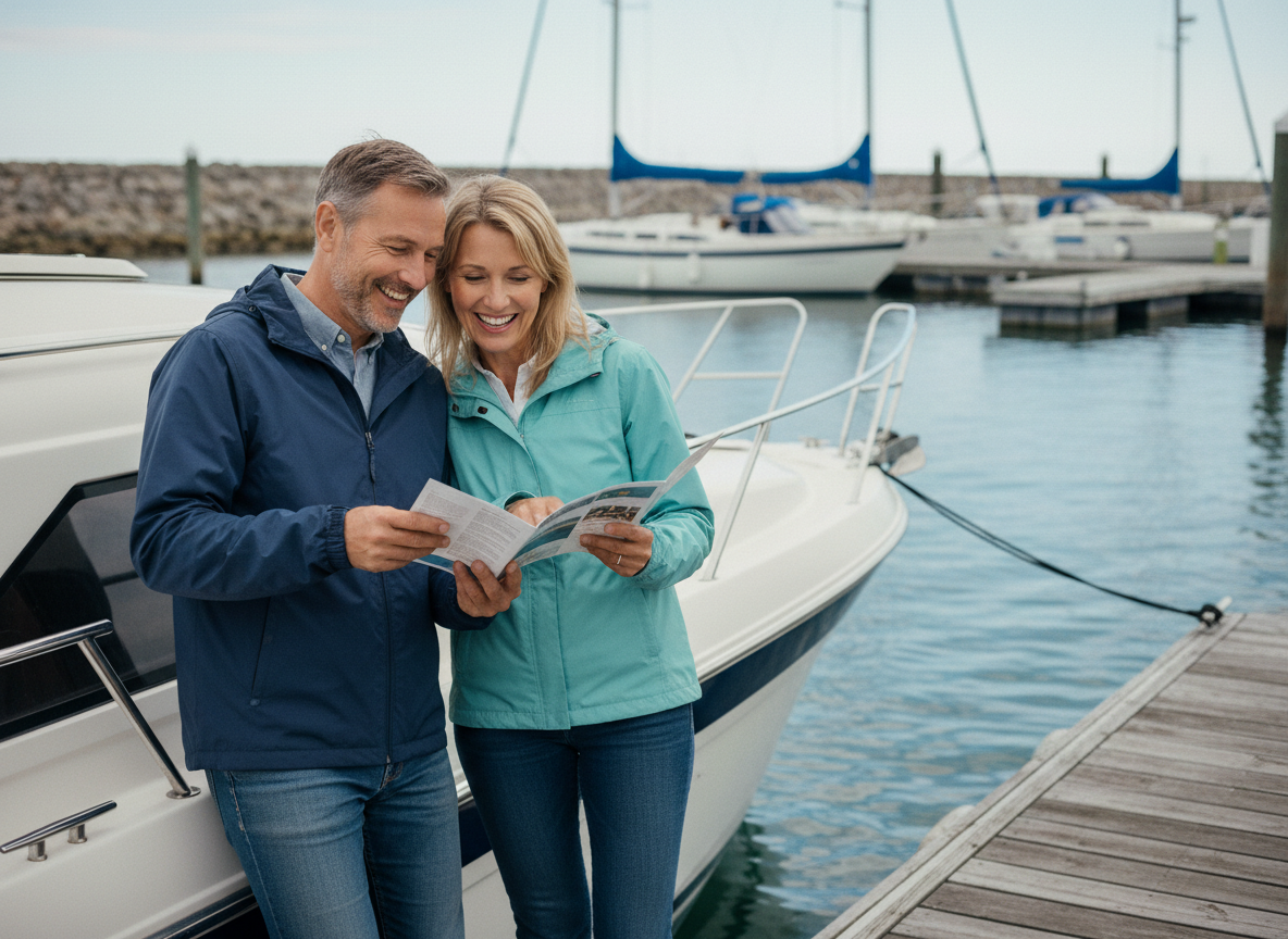Couple souriant près d'un voilier au port