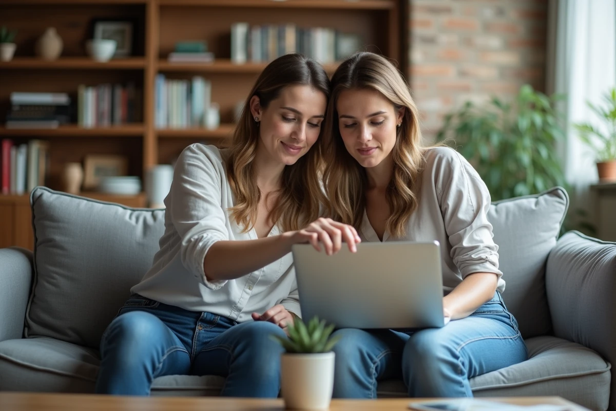 Couple consultant les délais et horaires d'un virement Nickel le vendredi sur ordinateur portable à la maison