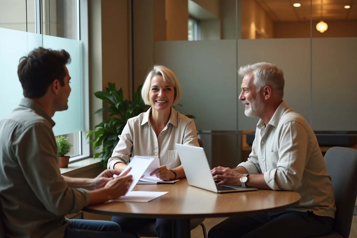 Couple de cinquantenaires en réunion avec un conseiller financier, illustrant la démarche réfléchie des profils prudents qui choisissent des placements sécurisés comme Econozen
