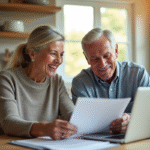 Couple mature souriant en préparant ses économies retraite