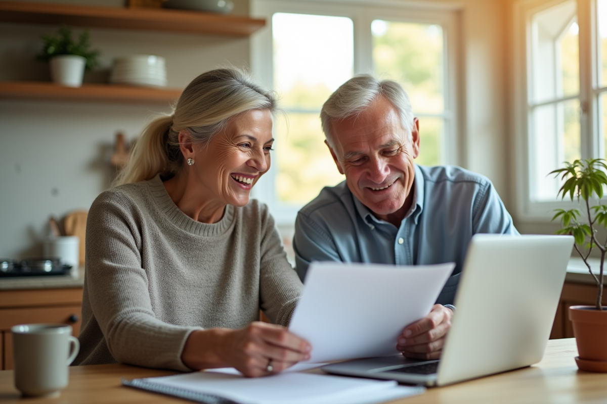 Couple mature souriant en préparant ses économies retraite
