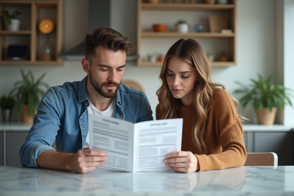 Jeune couple examine un livret de prêt immobilier à la maison