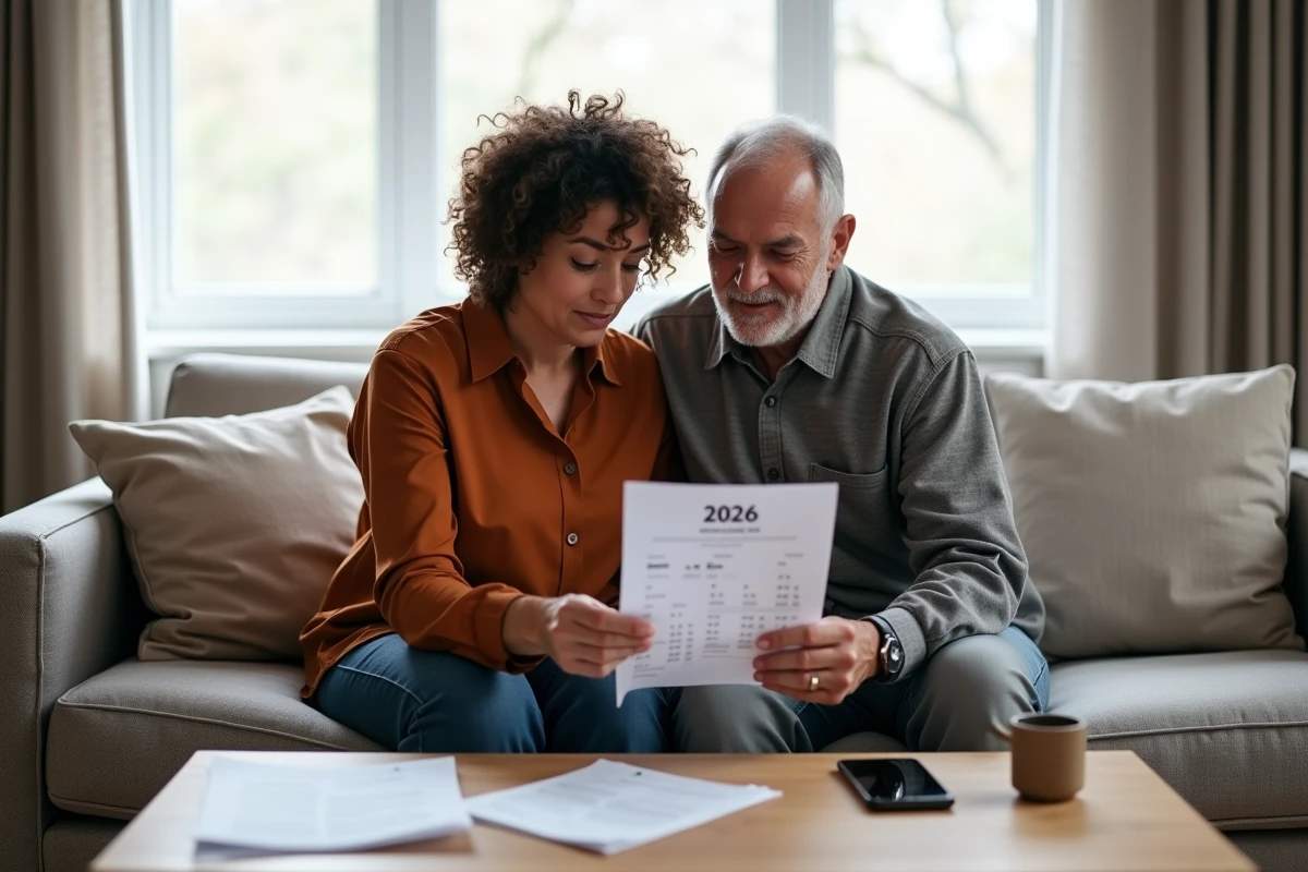 Couple consultant ensemble le calendrier de paiement de leur pension invalidité 2026 dans leur salon