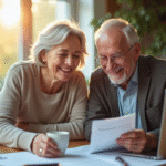 Couple senior heureux à la cuisine avec papiers et café