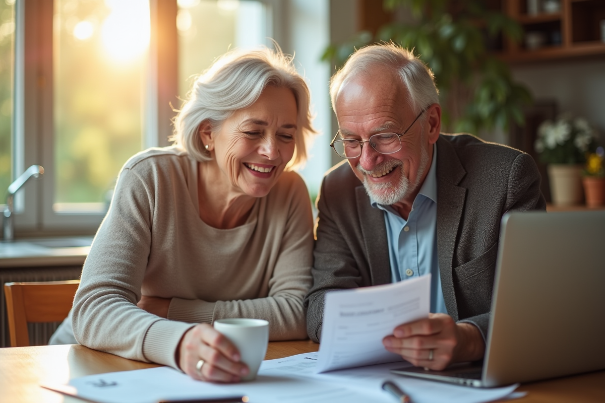 Couple senior heureux à la cuisine avec papiers et café