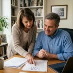 Couple de seniors examinant des documents d'assurance vie et de fiscalité successorale dans un bureau à domicile