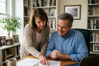 Couple de seniors examinant des documents d'assurance vie et de fiscalité successorale dans un bureau à domicile