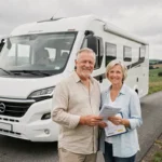 Couple de seniors debout devant leur camping-car sur une route de campagne française tenant des documents d'assurance