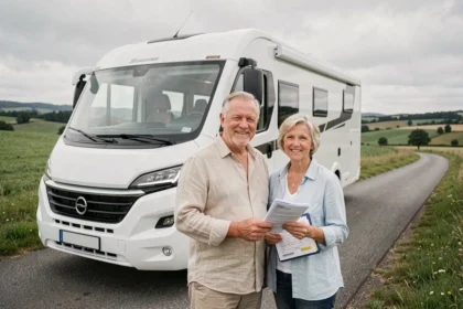 Couple de seniors debout devant leur camping-car sur une route de campagne française tenant des documents d'assurance
