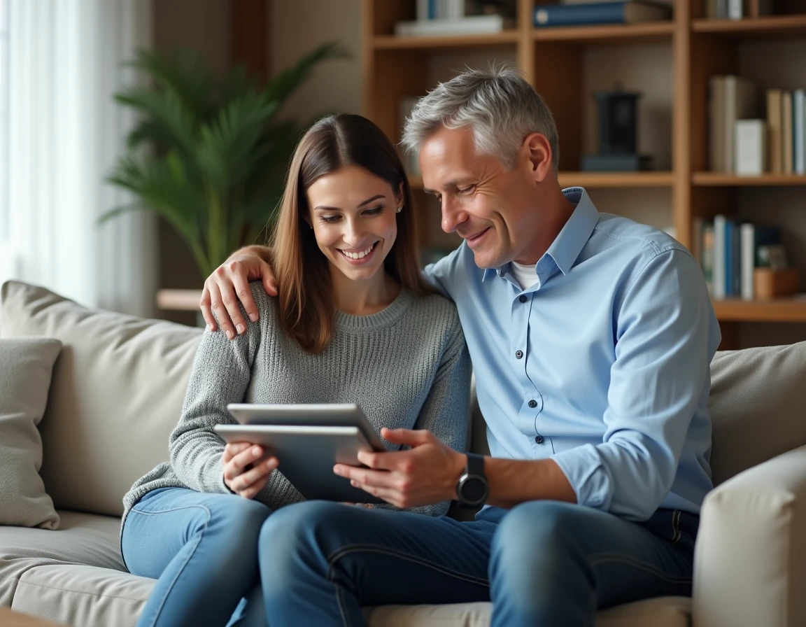 Couple consultant un simulateur de prêt financier sur tablette dans leur salon moderne