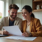 Couple souriant discutant de documents de prêt immobilier