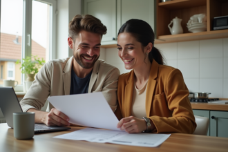 Couple souriant discutant de documents de prêt immobilier