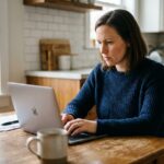 Femme concentrée faisant une demande de mini crédit urgent sur son ordinateur portable à la maison