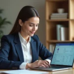 Femme professionnelle effectuant des démarches de prêt en ligne sur son ordinateur portable depuis son bureau à domicile