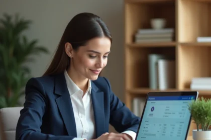 Femme professionnelle effectuant des démarches de prêt en ligne sur son ordinateur portable depuis son bureau à domicile