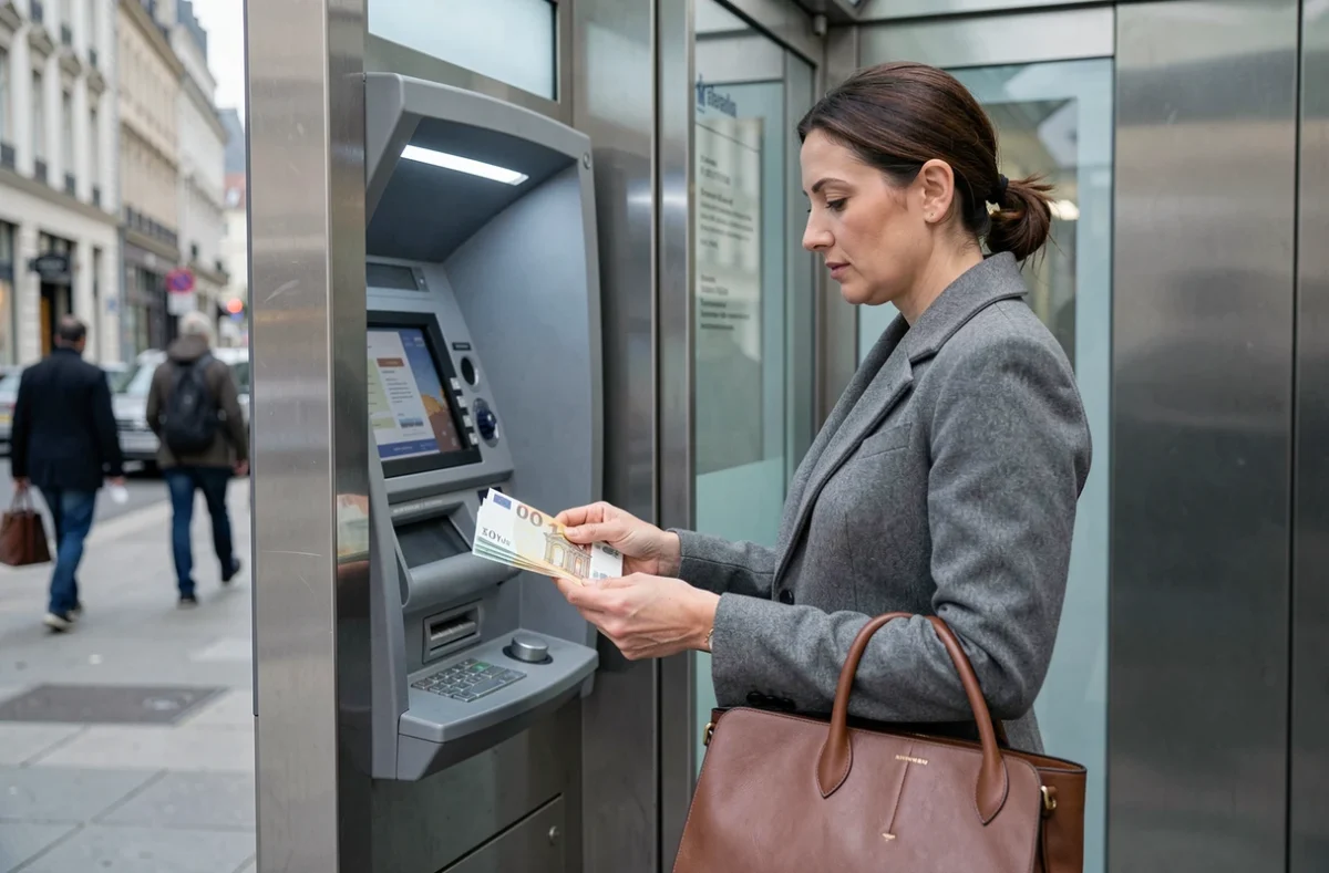 Femme en manteau gris déposant des billets en euros dans un distributeur automatique de dépôt d'espèces en ville