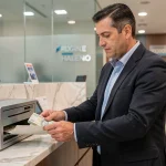 Homme en blazer déposant une enveloppe de billets dans un guichet bancaire sécurisé, dépôt d'espèces en toute sécurité à la banque