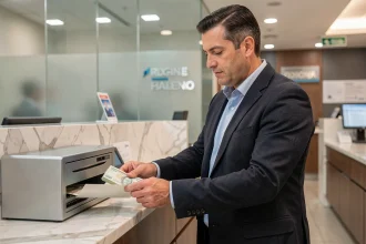 Homme en blazer déposant une enveloppe de billets dans un guichet bancaire sécurisé, dépôt d'espèces en toute sécurité à la banque