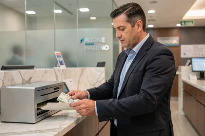 Homme en blazer déposant une enveloppe de billets dans un guichet bancaire sécurisé, dépôt d'espèces en toute sécurité à la banque