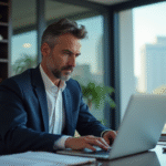 Directeur financier en costume navy travaillant sur un ordinateur moderne