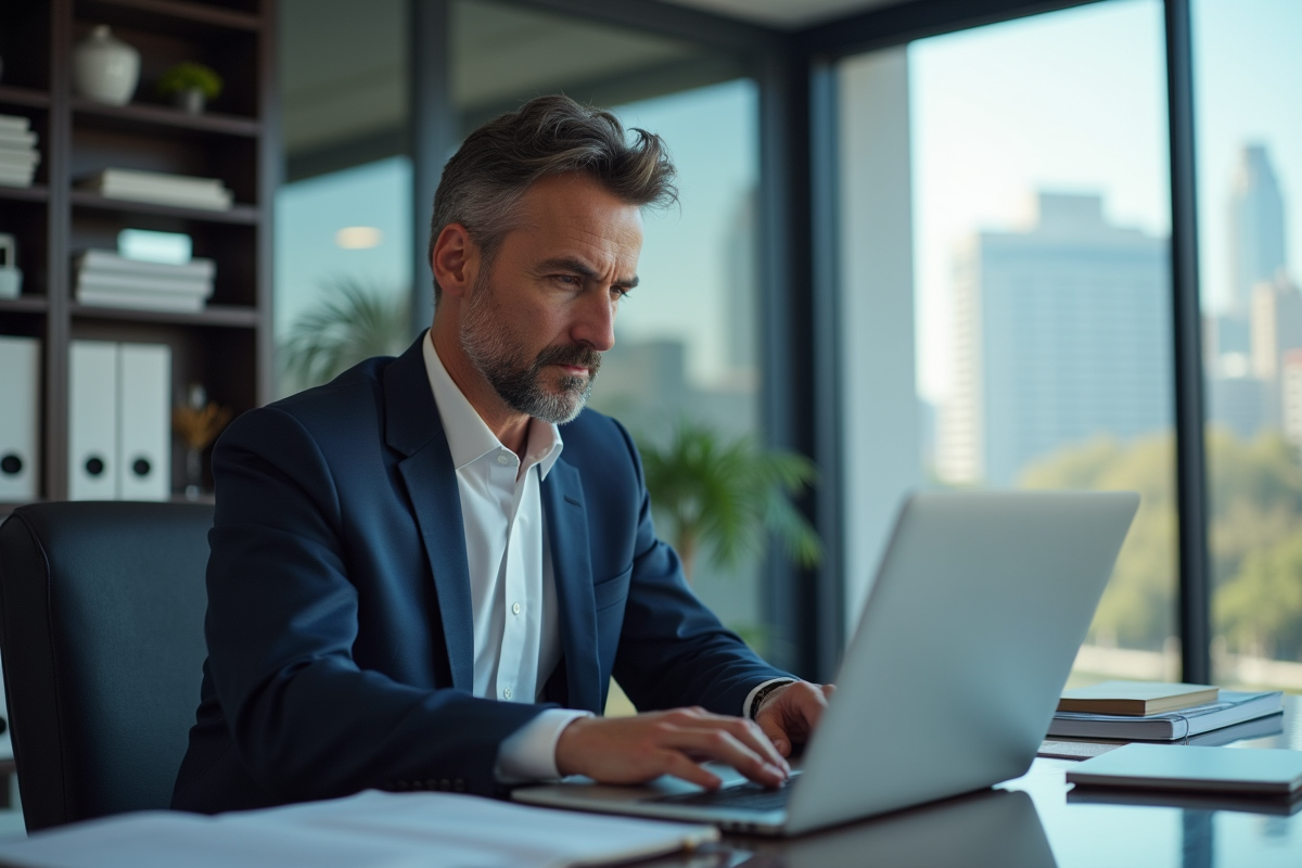 Directeur financier en costume navy travaillant sur un ordinateur moderne