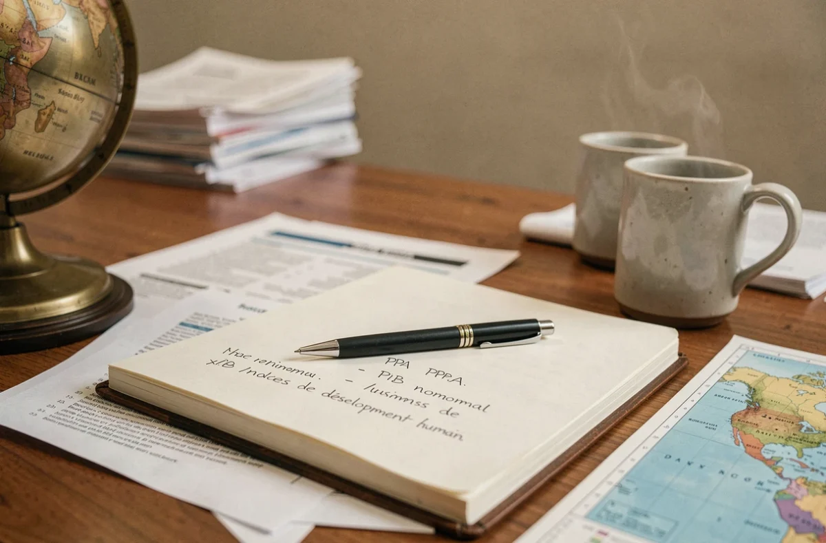 Documents économiques, notes manuscrites sur le PIB et atlas mondial posés sur une table de réunion illustrant l'analyse de la puissance économique mondiale
